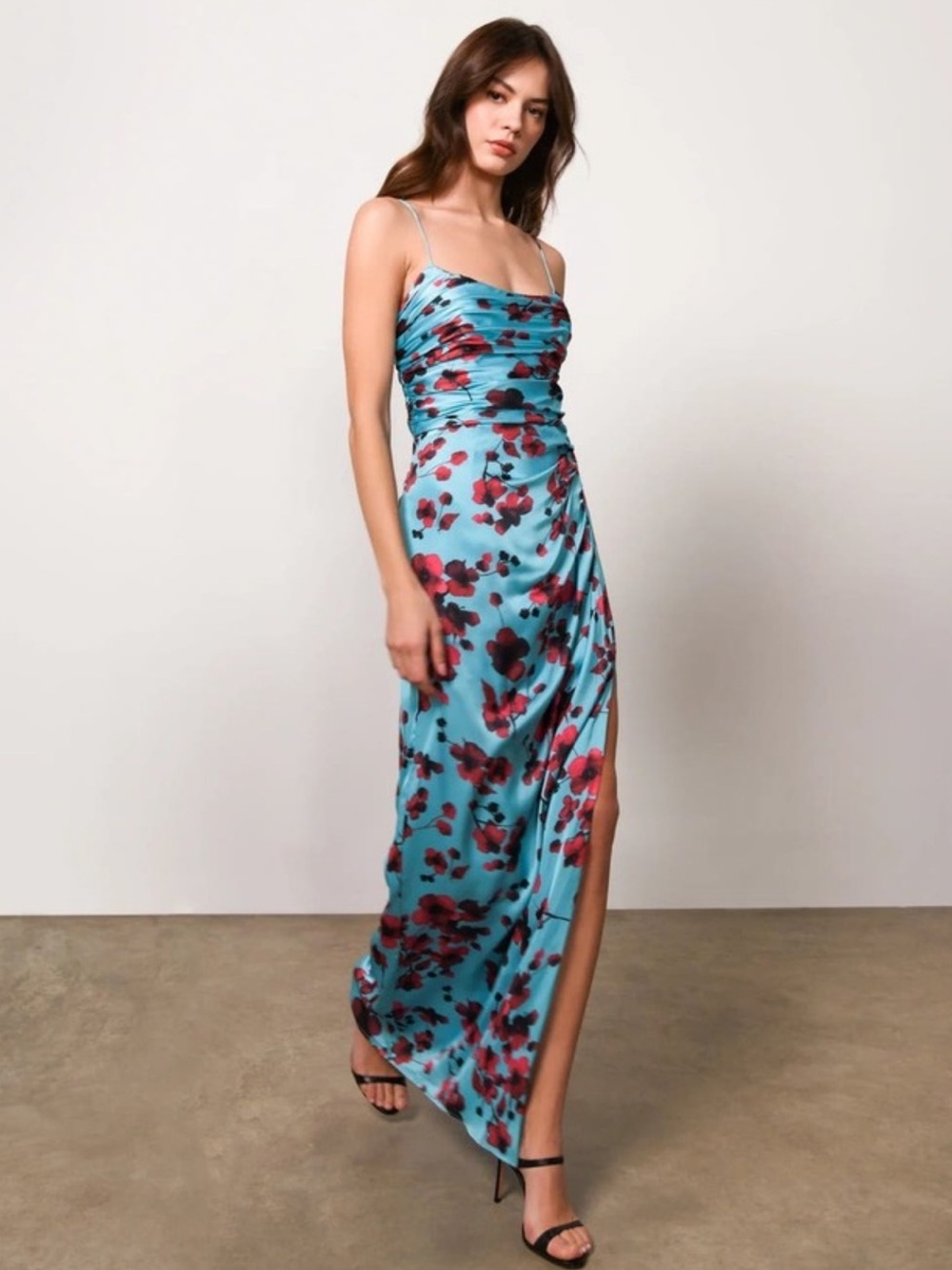 Hutch Luxe Sleeveless Ruched Side-Slit Satin Maxi Dress in Sky Floral Women’s 4 - Picture 3 of 14